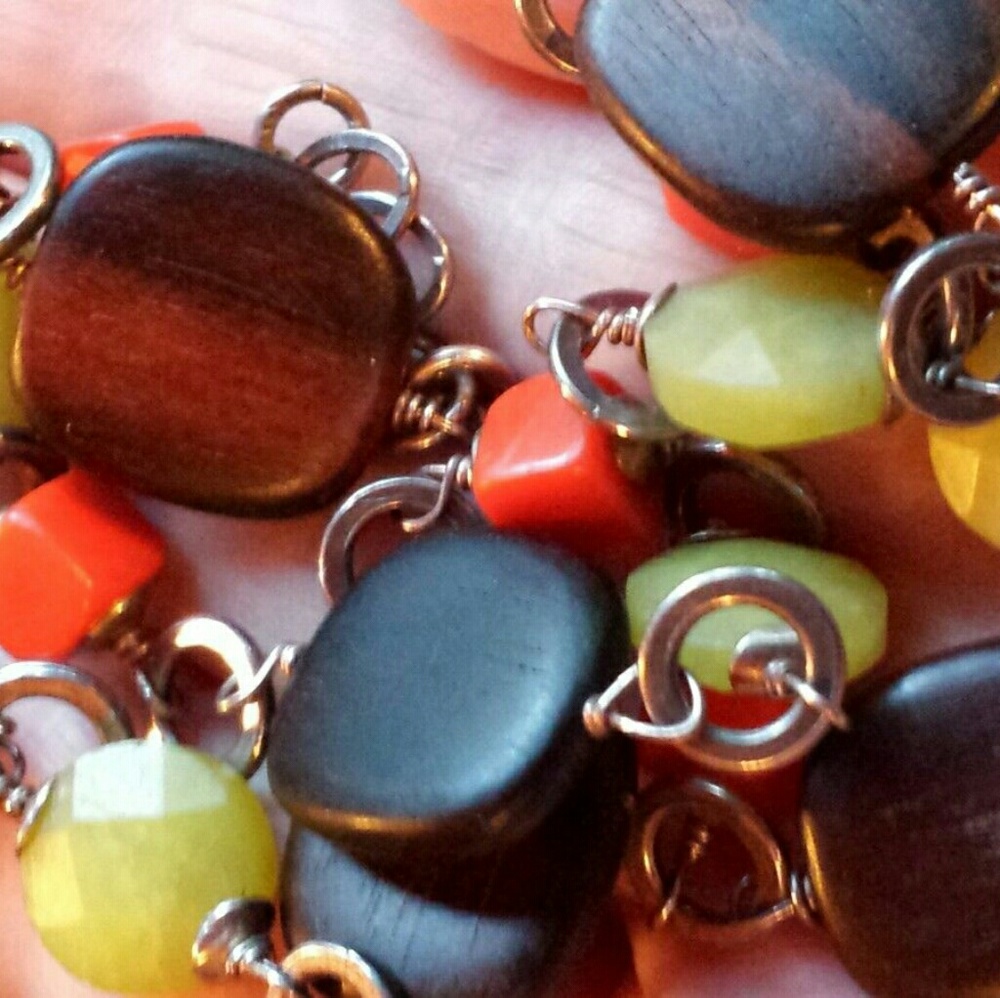 Signed GINGER .925 Silver Stone Wood Bead Necklace